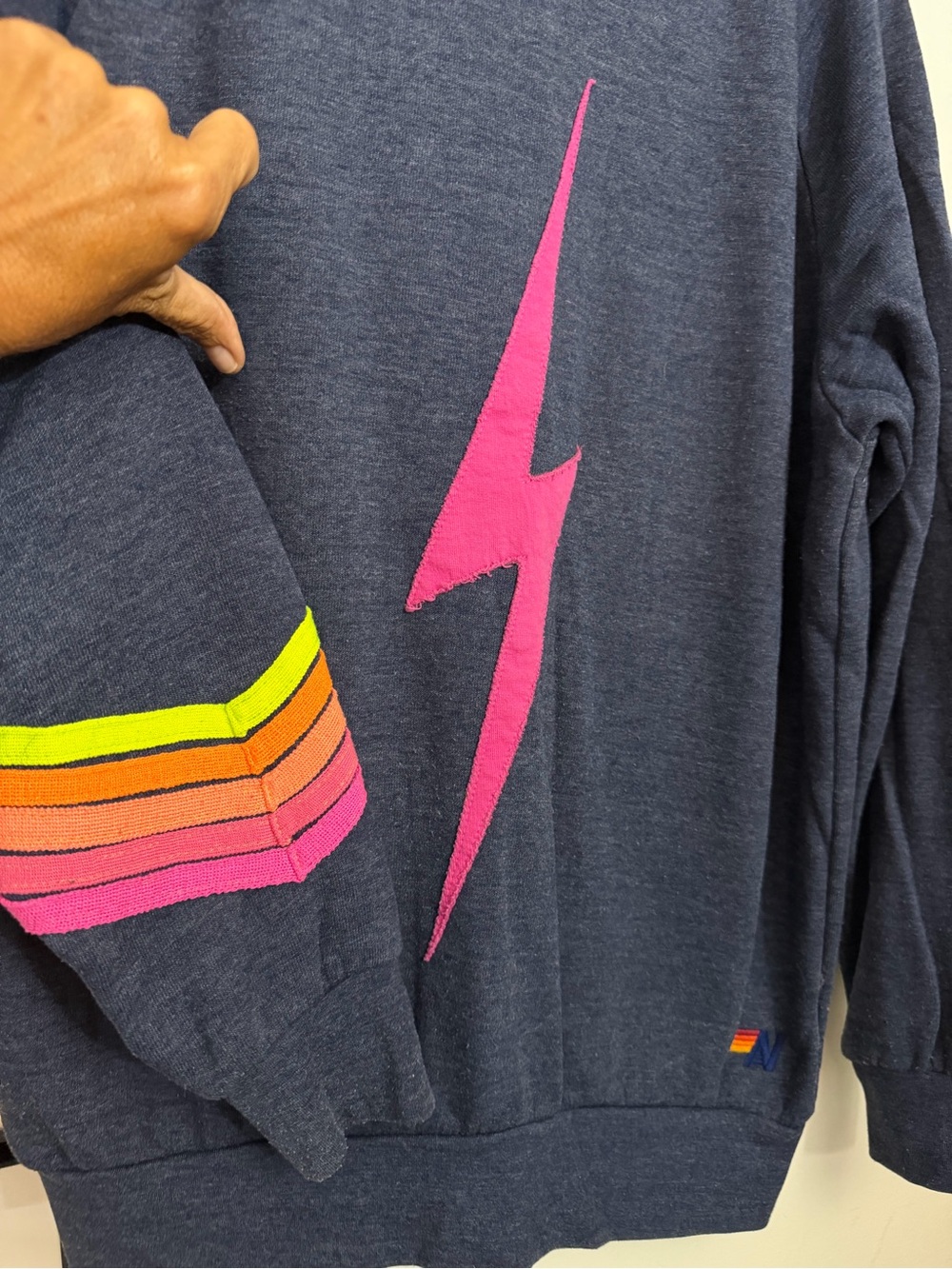 Aviator Nation Navy Lightning Bolt Pullover with Pink & Neon Stripes - Picture 2 of 5